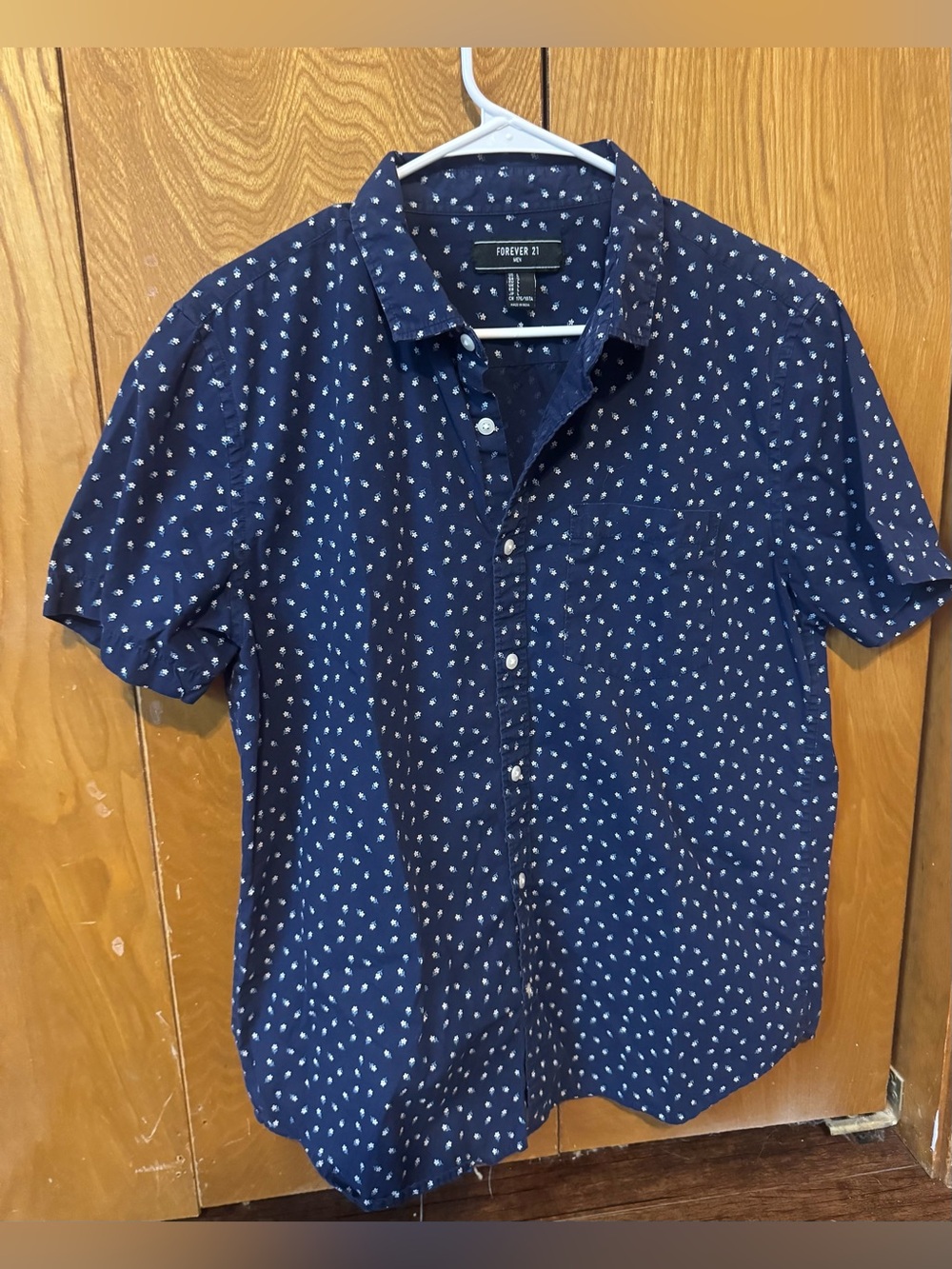 Forever 21 Navy Short-Sleeve Button-Up Shirt with Small Floral Print